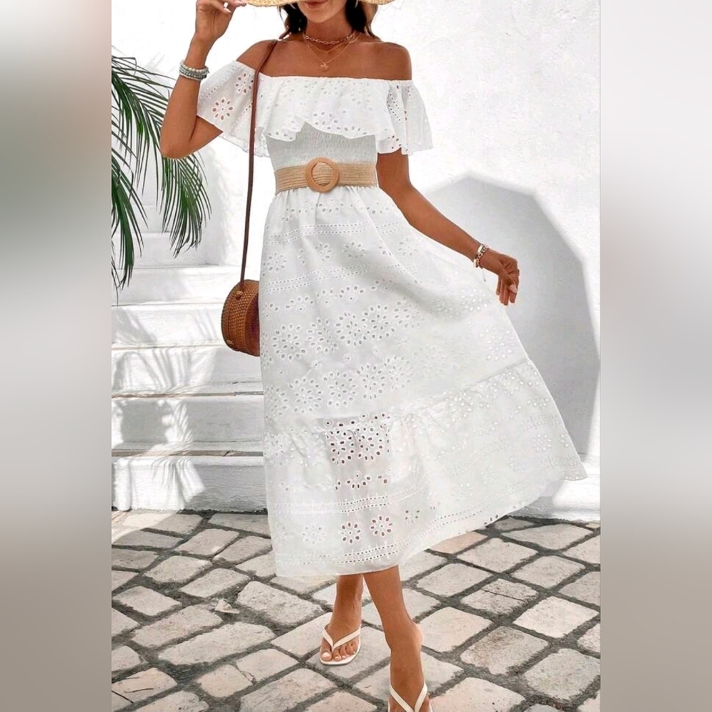 New Flowy Embroidered Open Eyelet Lace Smocked Midi Dress White